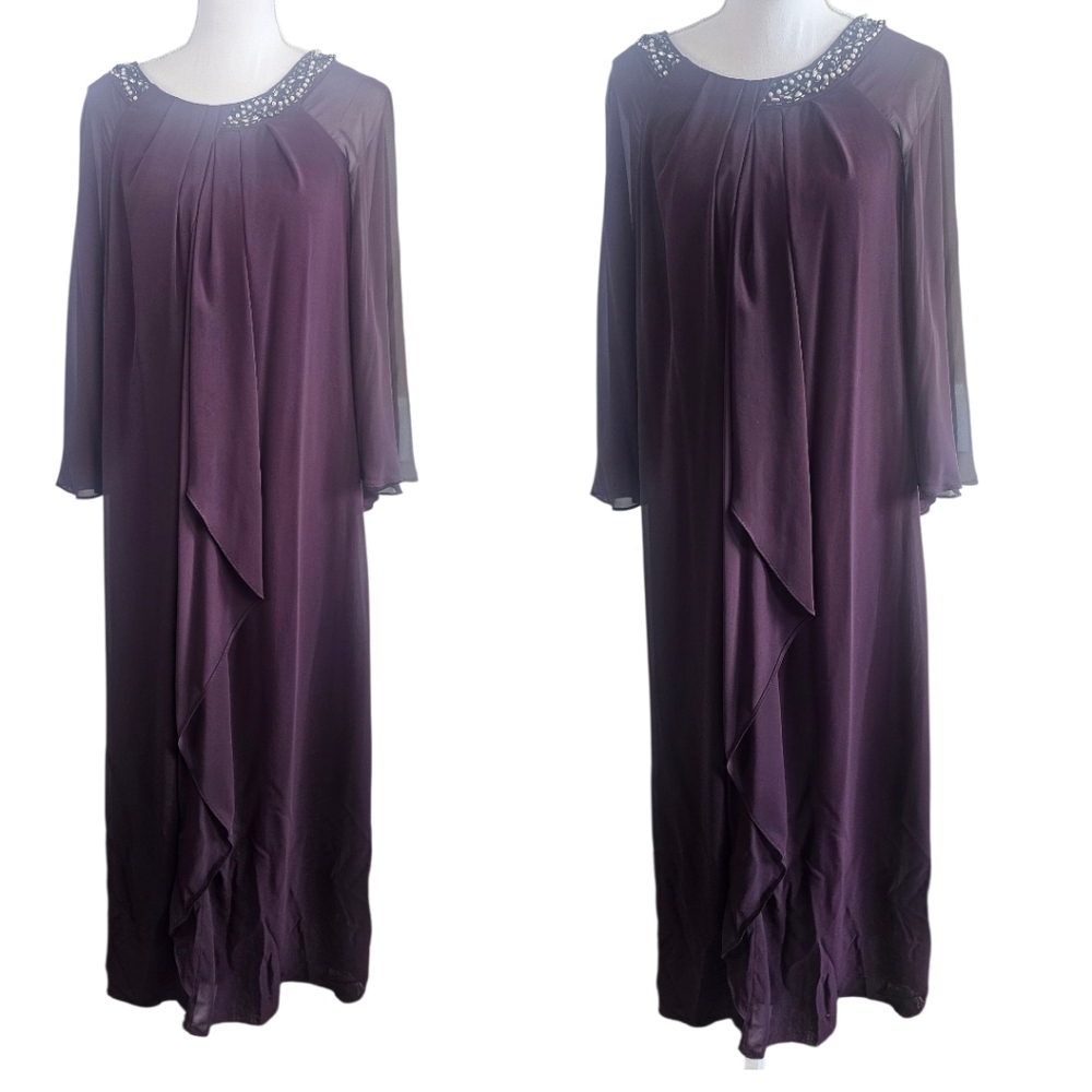 SLNY Plum Embellished Neckline Chiffon Gown | Size 16P